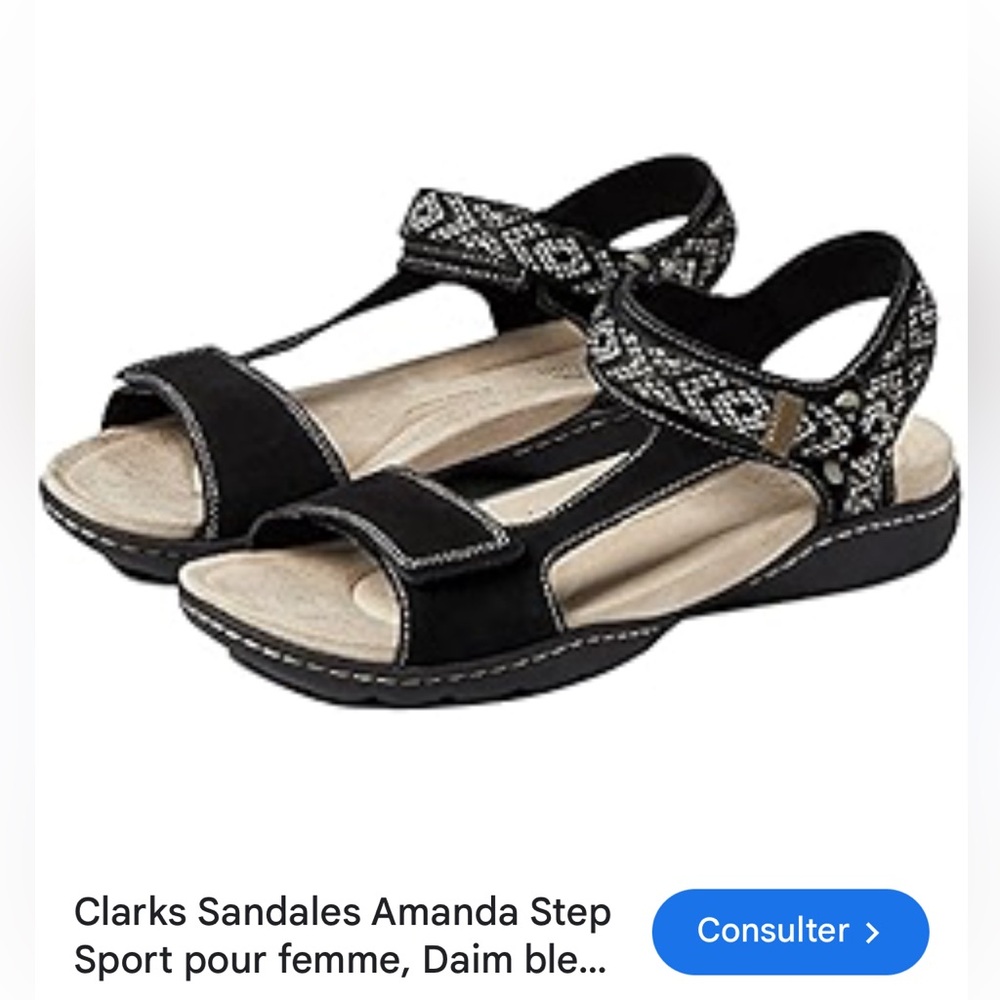 Clarks Amanda Black and Cream Sandals with Cushioned Footbed